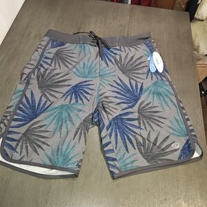 Wave Zone board Men's shorts,tropical palm leaf print,shades of blue and gray,34